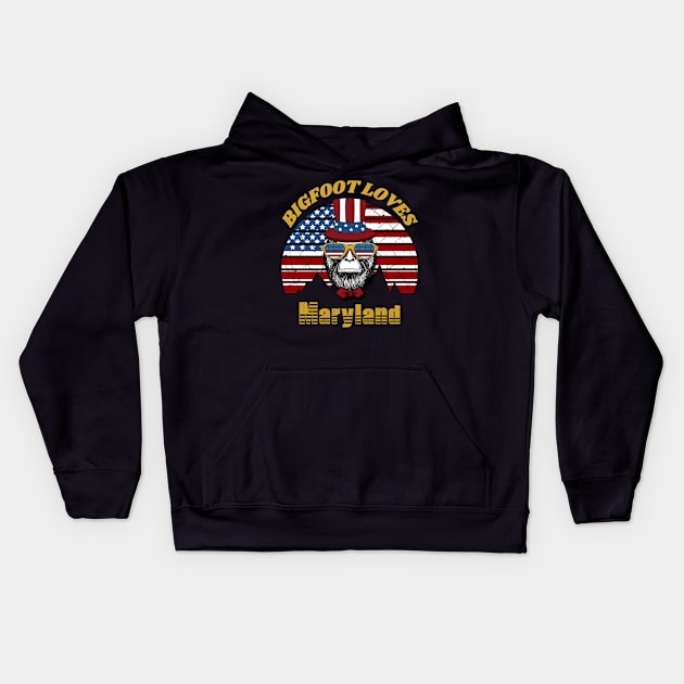 Bigfoot loves America and Maryland Kids Hoodie by Scovel Design Shop